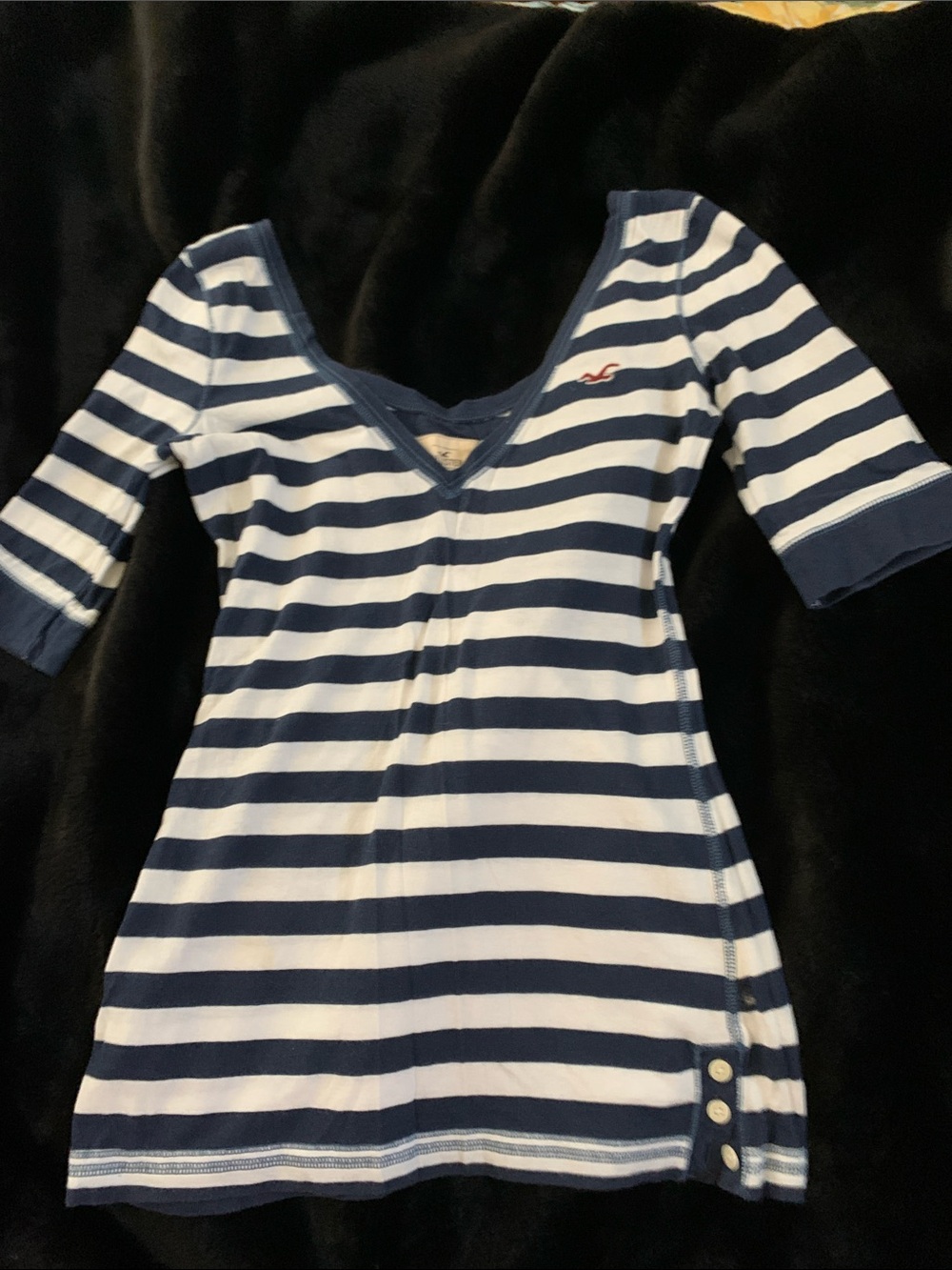 Hollister Navy and White Striped V-Neck